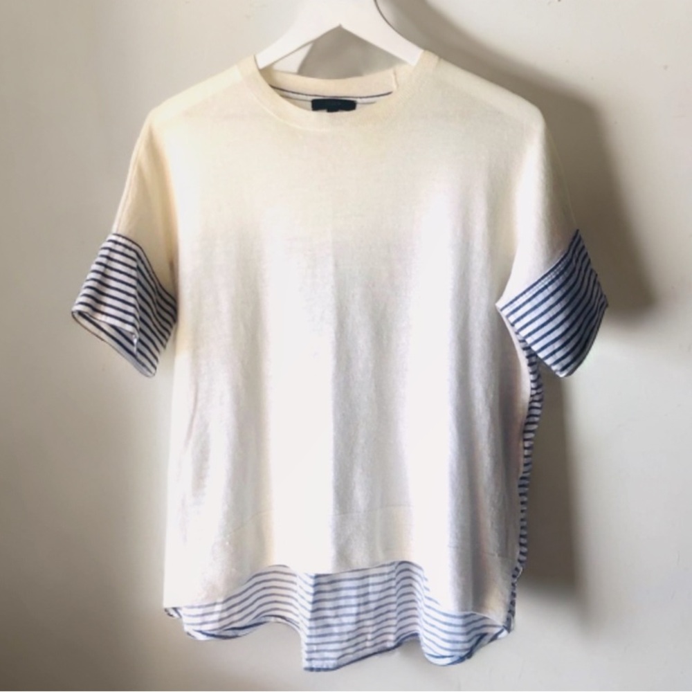 J. Crew Ivory Sweater Blue White Striped Sleeve